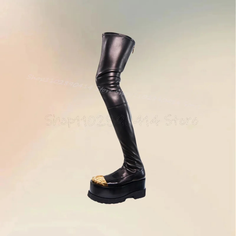 

Gold Five Fingers Black Thigh High Thick Bottom Boots Back Zipper Women Shoes Sexy Party Banquet Runway 2024 Zapatos Para Mujere