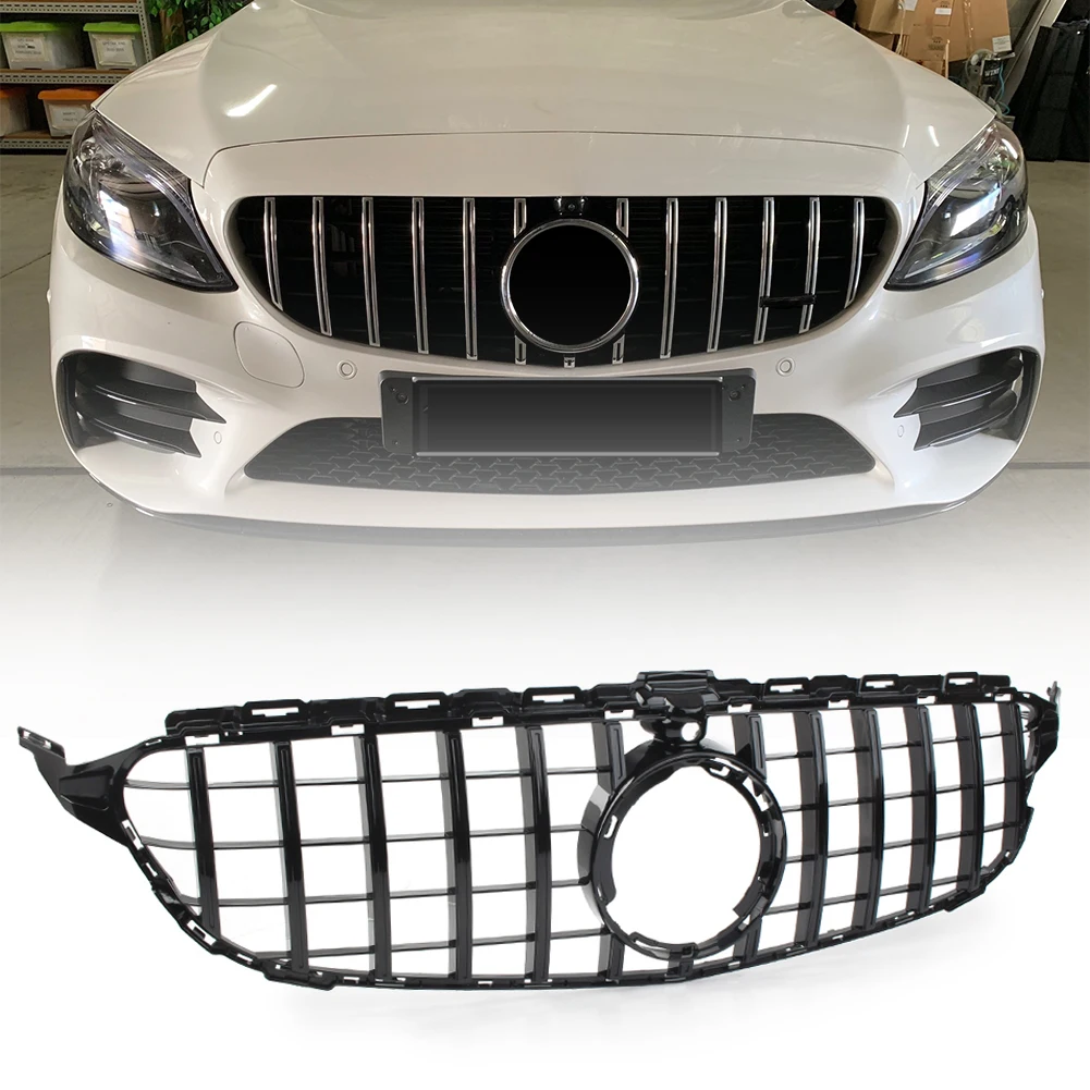 Car Front Grille GTR Style Upper Grill w/ Camera For Mercedes Benz C-Class W205 C200 C250 C300 C350 2019-up Glossy Black