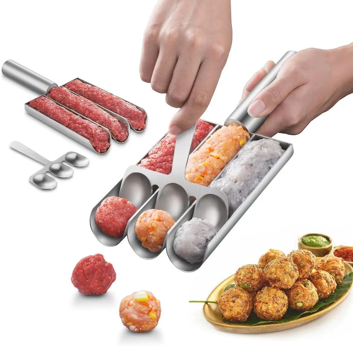 Meatball Scoop Ball Maker, 304 Stainless Steel Non-Stick Creative Kitchen Triple Meatball Maker with Cutting Spade