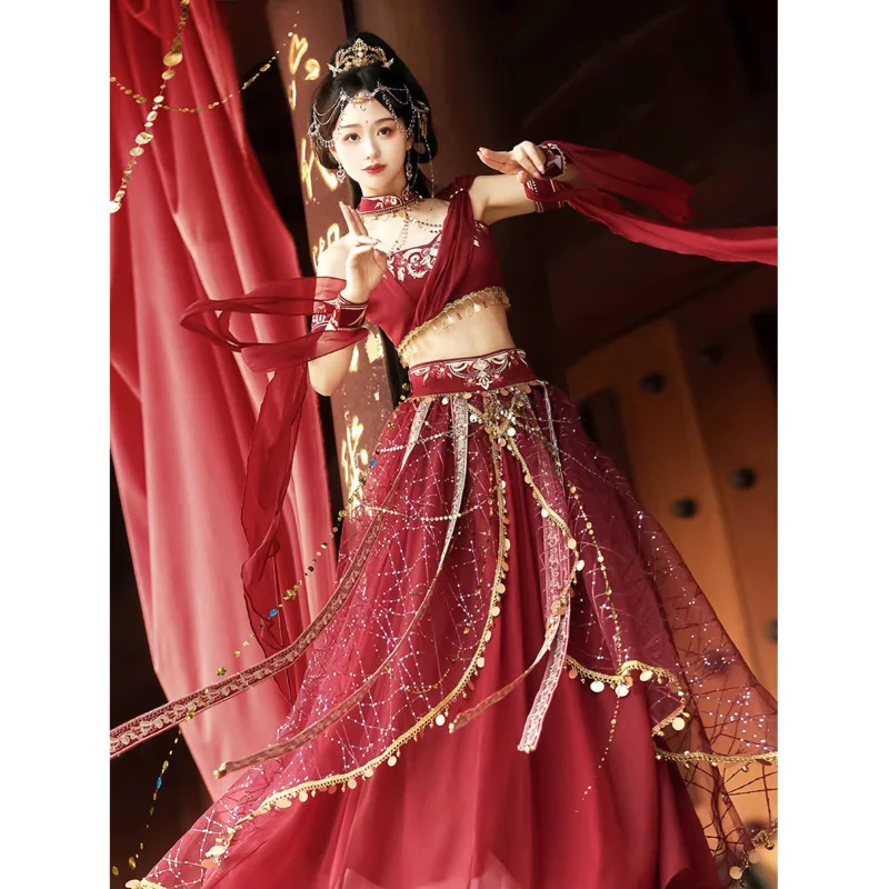 

Red Flame Goddess Hanfu Dress Female Style Western Region Style Cloak Chestcoat Sleeve Half Skirt Set