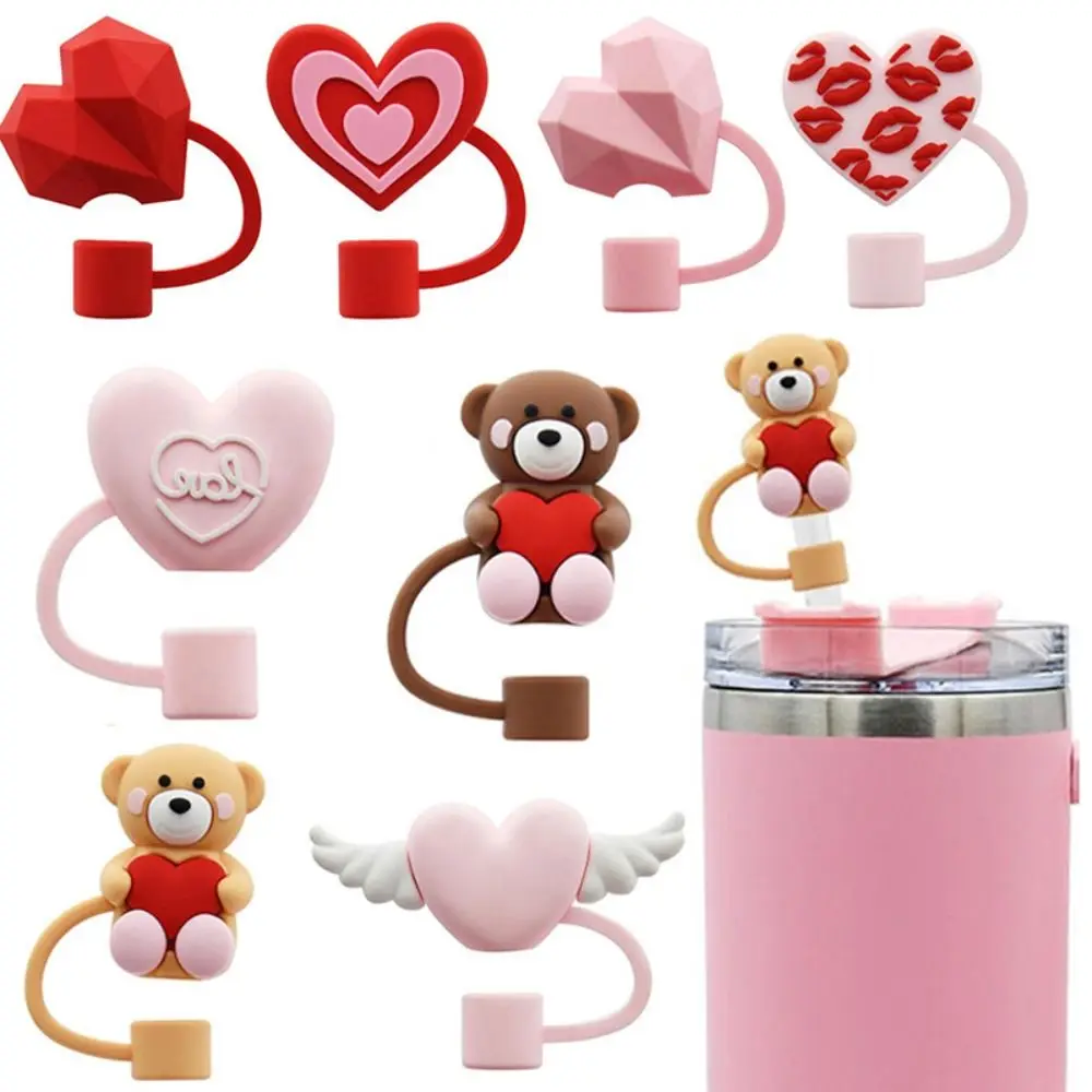 Cute Silicone Straw Plug 10mm 3D Heart-shaped Drinking Straw Dust Cap Kitchen Tool Splash Proof Straw Tips Cover Cup Accessories