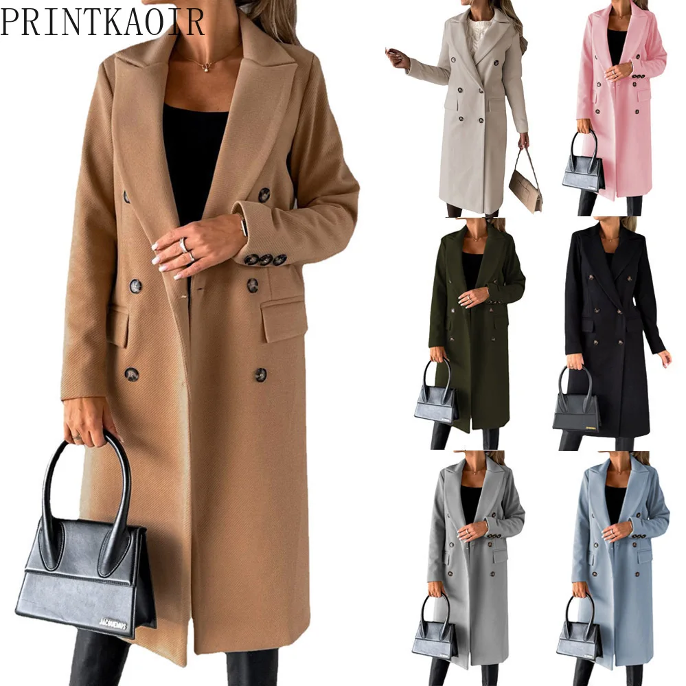 

PRINTKAOIR 2026, весеннее новое женское однотонное пальто, двубортная верхняя одежда с длинными рукавами и боковыми вставками с карманами