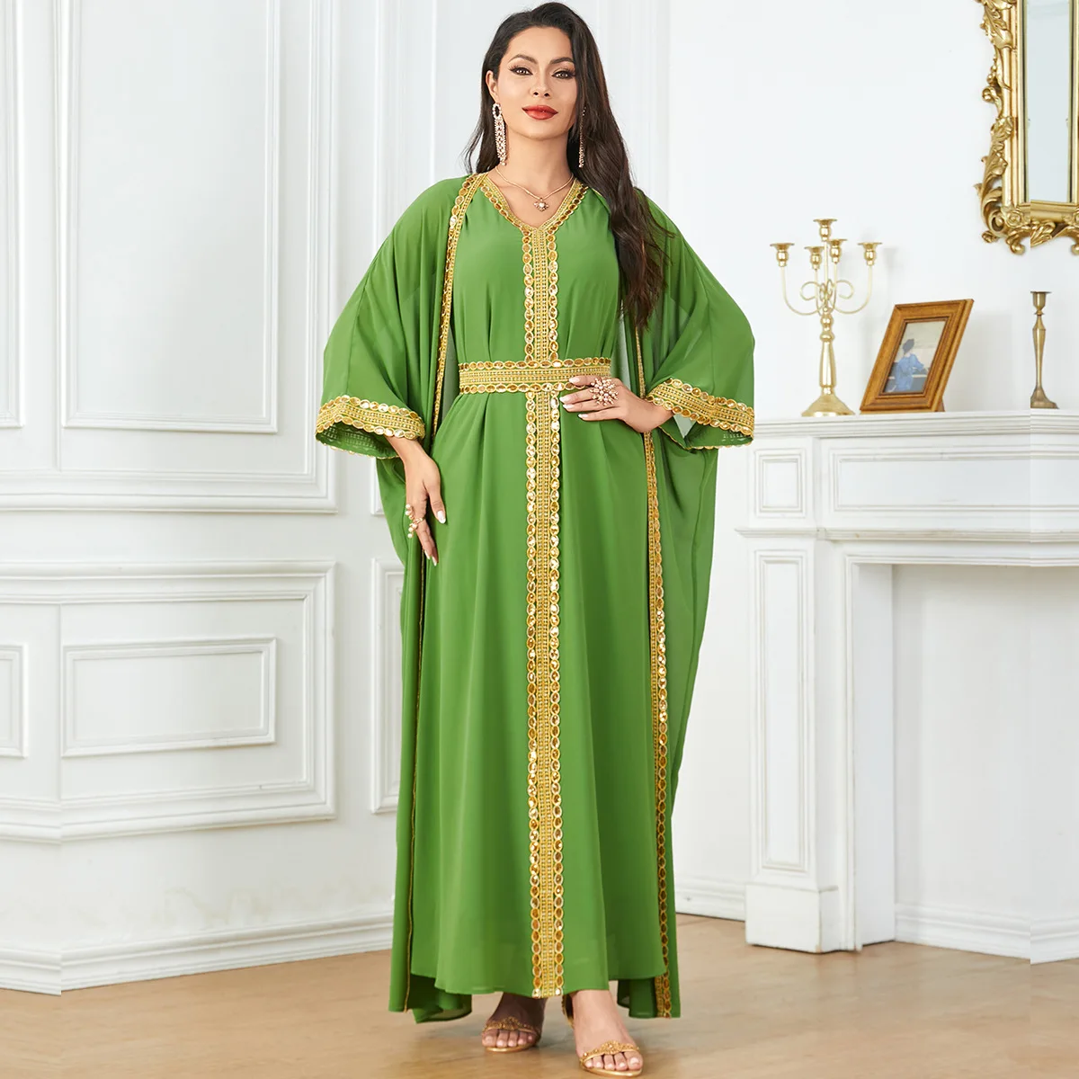 Chiffon Maxi Dresses for Women Solid V-neck Abayas Dubai Arabia Kaftan Caftan Marocain Muslim Dress Women Islamic Clothing Robe