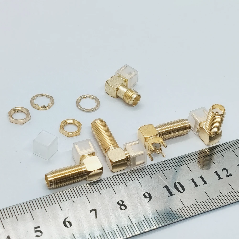 5 Stück SMA-KWE 90 ° Winkel-RF-Stecker SMA PCB-Montage, verlängertes Gewinde 14,5/17/19/20/23mm, vergoldeter Koaxial-Antennenanschluss – Detail 6