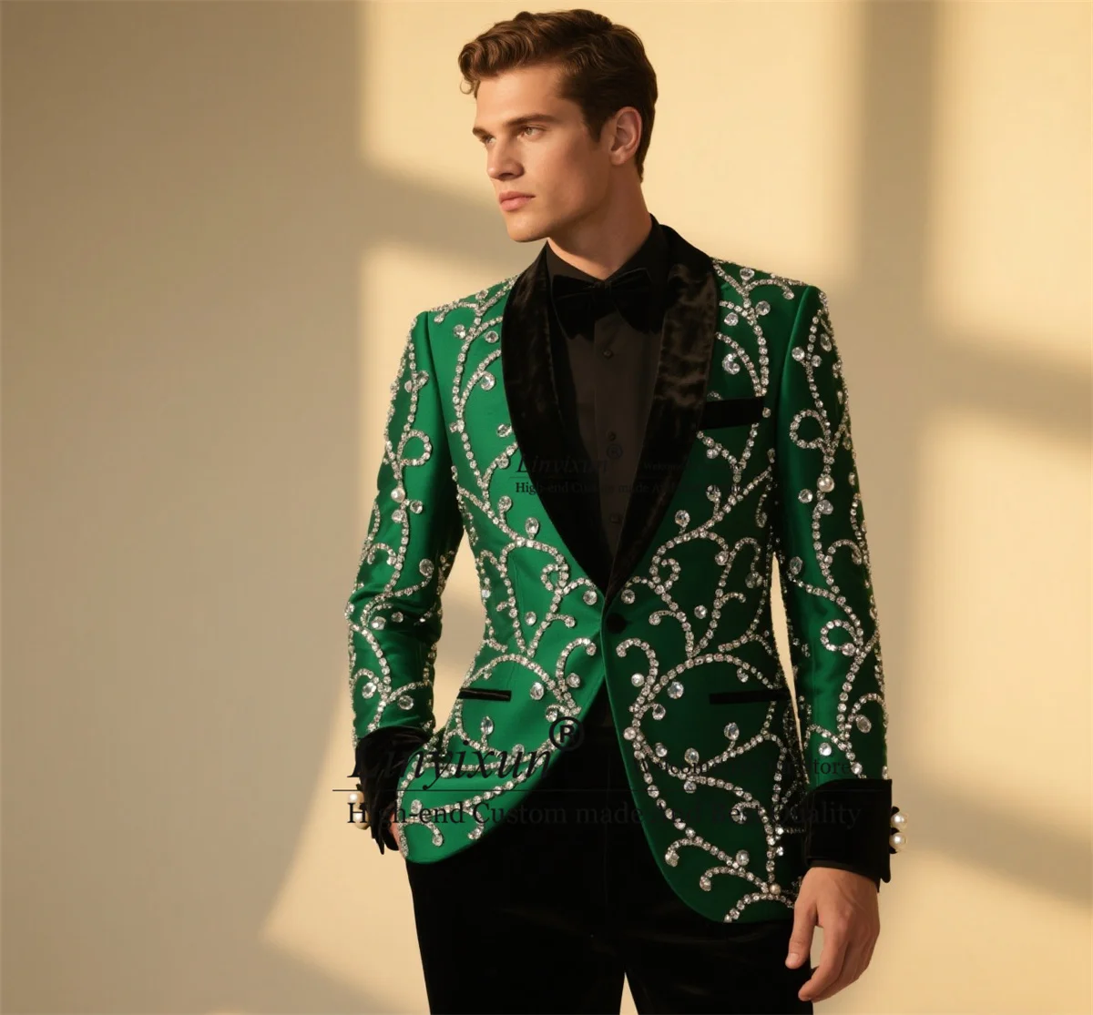 

Sparkly Embroidered Diamond Men Suit Customized Slim Groom Party Male Prom Blazers 2 Piece Set Wedding Tuxedo Party ropa hombre