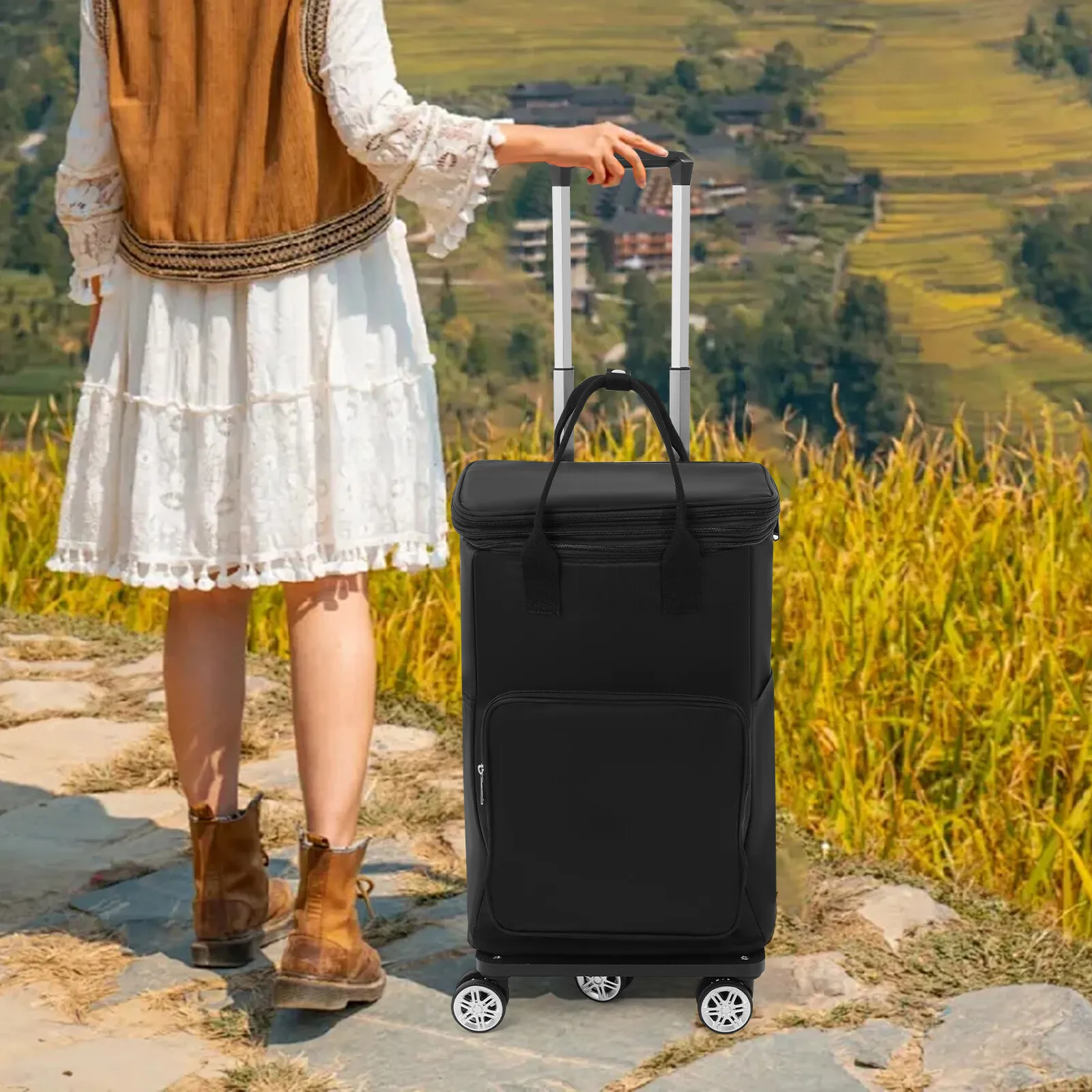 Carrito de compras 2 en 1 con ruedas, carrito de equipaje plegable telescópico, con bolsa impermeable extraíble incorporada para acampar, viajar