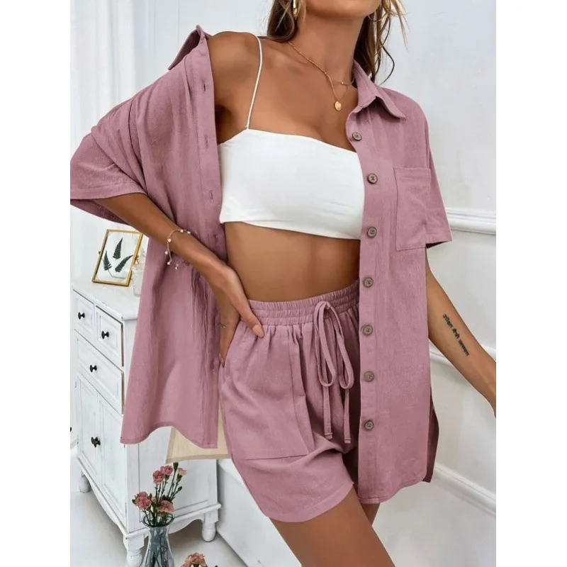 2025 Solid Color Casual Loose Short Pants Sets For Women Elegant Summer Women\'s Two Pieces Suit Full Set Female Outfit Clothes