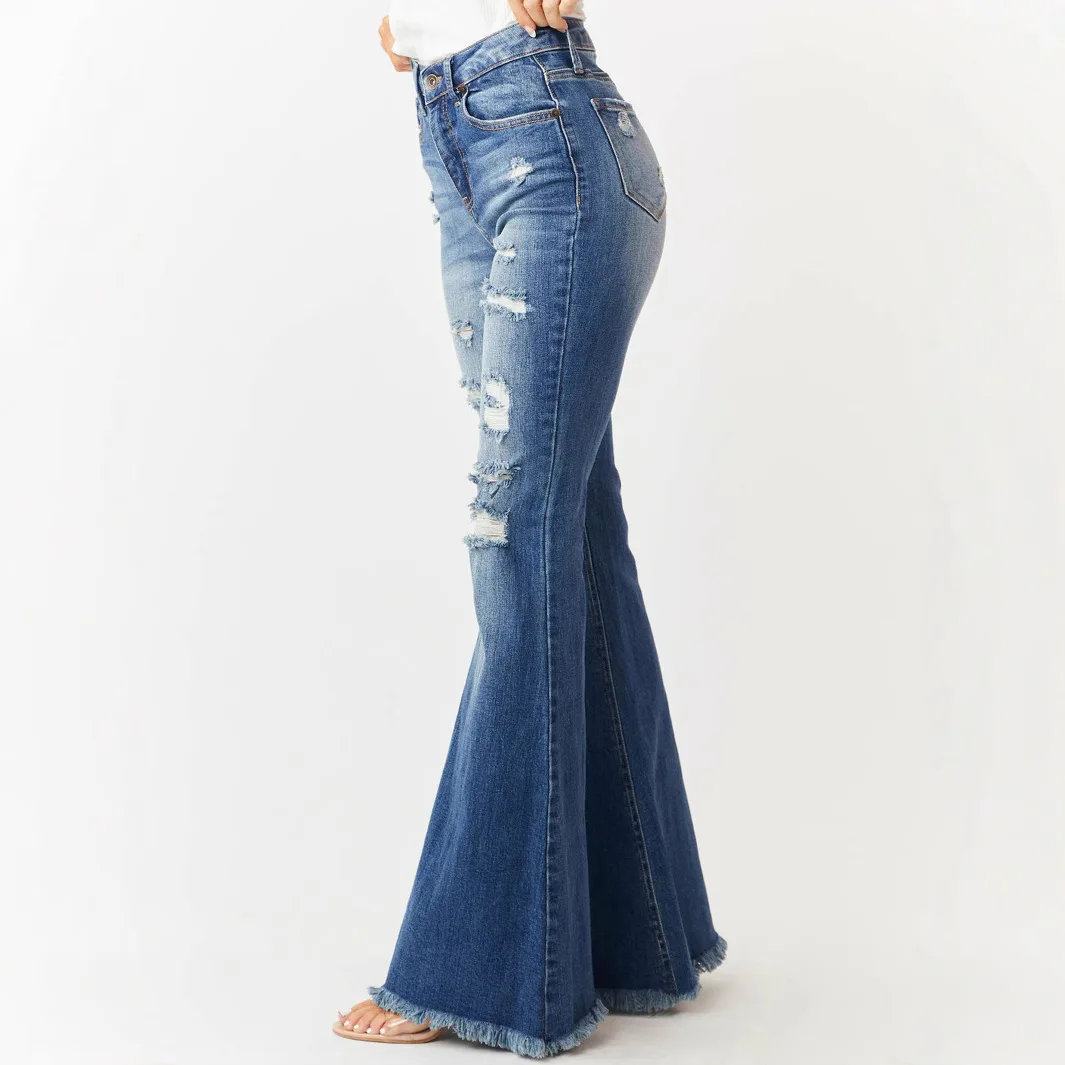 2025 Fall Women's Distressed Mid-Rise Flare Jeans - Stretch Retro Bootcut Denim with Fringe