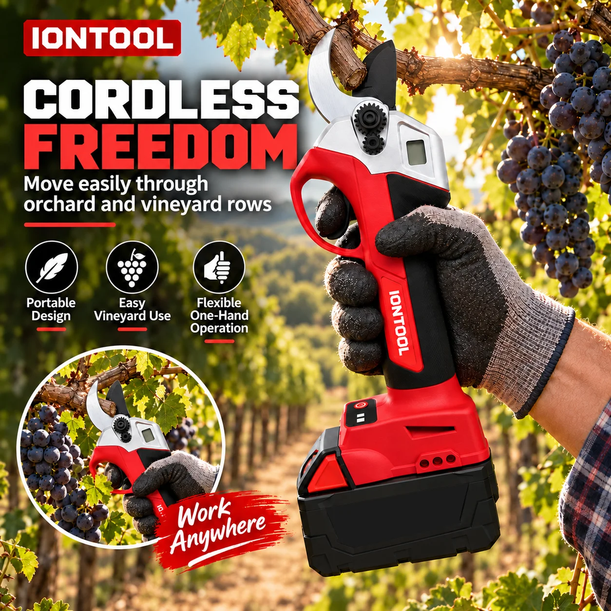 IONTOOL Red Cordless Electric Pruning Shears 3.0CM For Orchard Branch Trimming and Vine Cutting and Hedge Shaping and Pruning