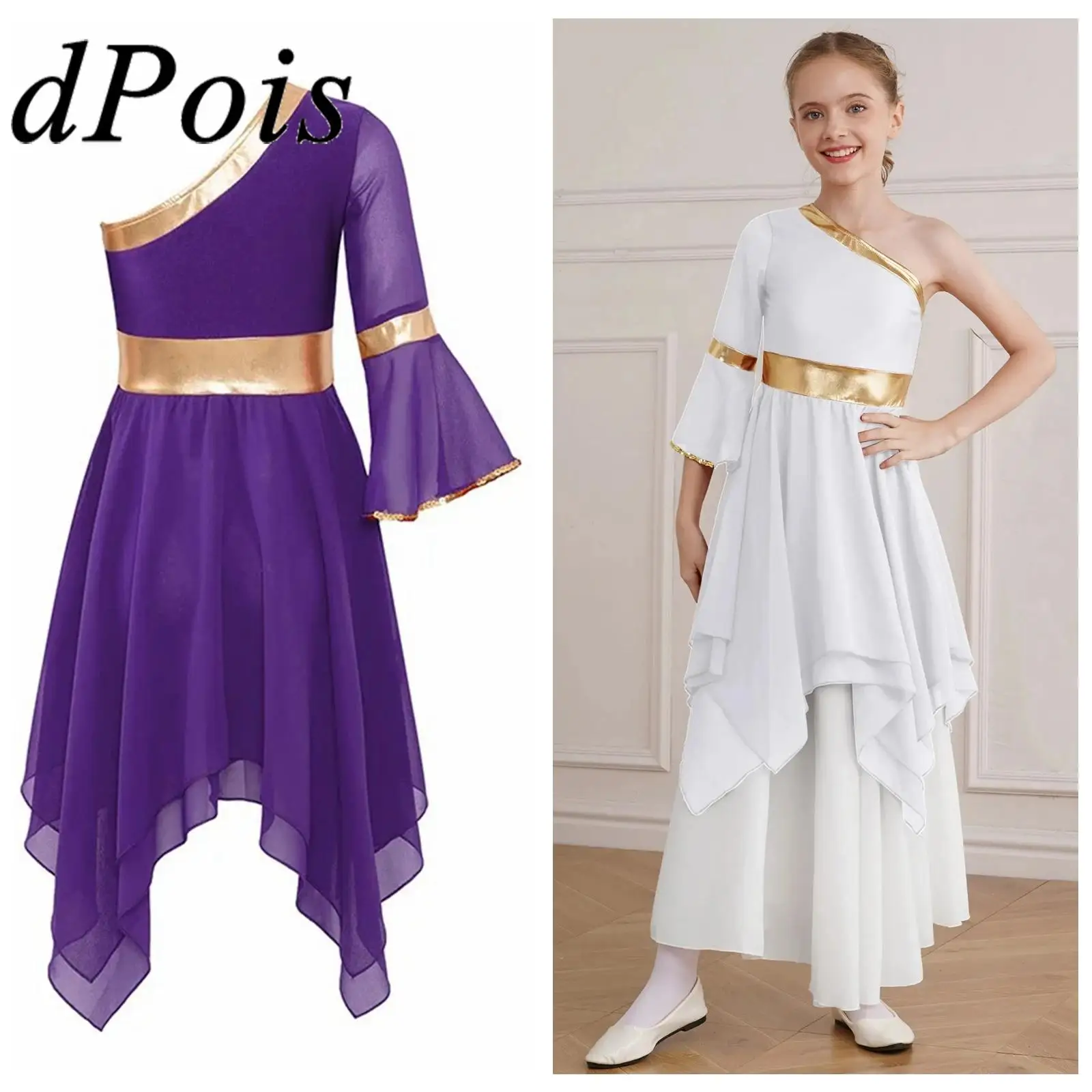

Kids Girls Celebration of Spirit Dress One Shoulder Praise Ballet Lyrical Dance Dress Worship Costume Liturgical Dancing Dresses