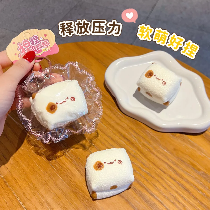 Cute Toast Cat Squishy Fidget Toy Food Grade Silicone Simulation Bread Stress Relief Decompression Toy Keychain