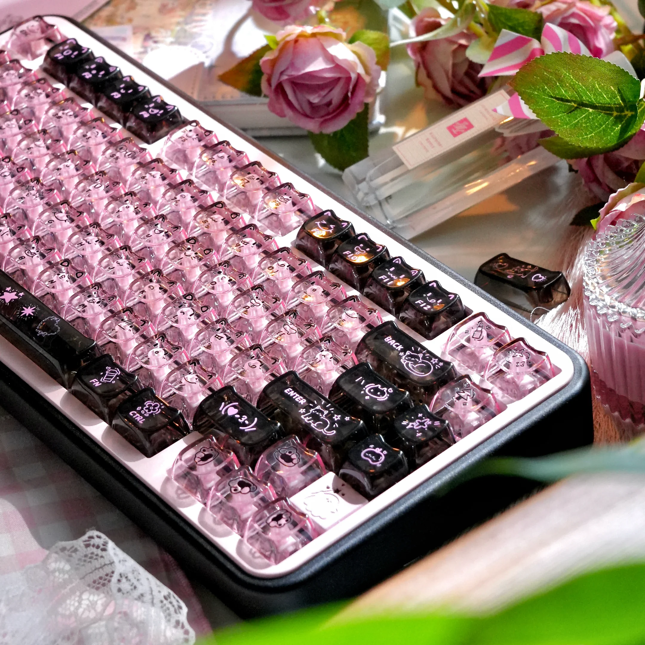 MAIMOOO Transparent Cat Keycap MAO Black Powder Graffiti PC Transparent Cute Gift Customization Aula Keyboard Keycap