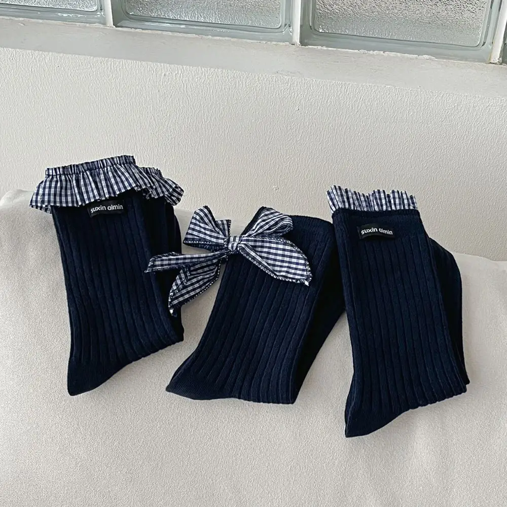 

Soft Lace Women's Middle Tube Socks Bowknot Plaid Lolita Cotton Socks Knitted Harajuku Style Wool Socks Gifts