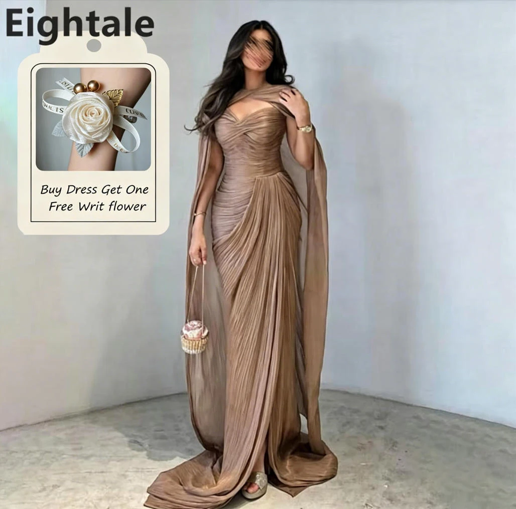 Eightale 2025 Brown Mermaid Maxi Evening Dress With Cape For Wedding Party Formal Prom Dress Dubai Party Gown Customized