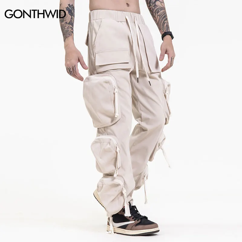 Hip Hop Cargo Pants Y2K Streetwear Men Multi Zipper Pockets Harem Jogger Pants Fashion Harajuku Casual Baggy Streetwear Trousers