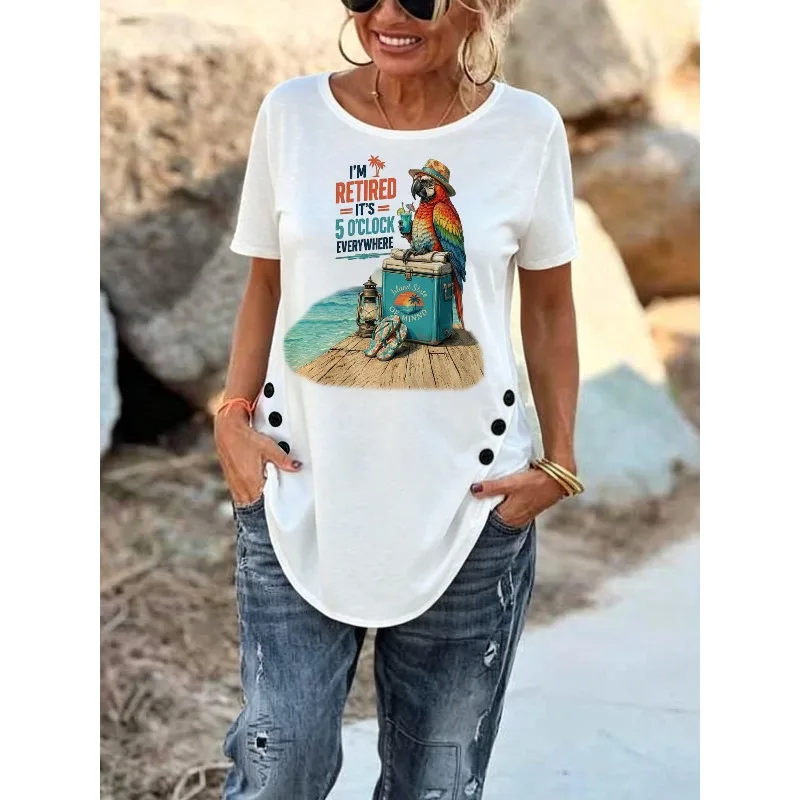 ilstile Women's Parrot Letter Print T-Shirts Summer Beach Short Sleeve Casual Loose Round Neck Tops Tees New Arrival