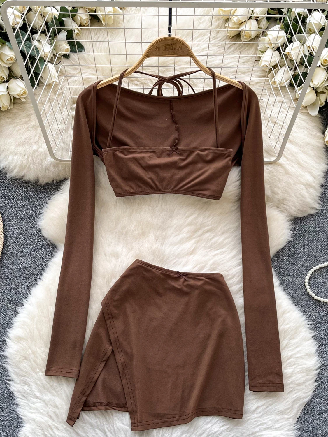 

Foamlina American Spice Girl's Short Skirt Suit Women's Summer Halter Suspender Tube Crop Top + High Waist Irregular Mini Skirt