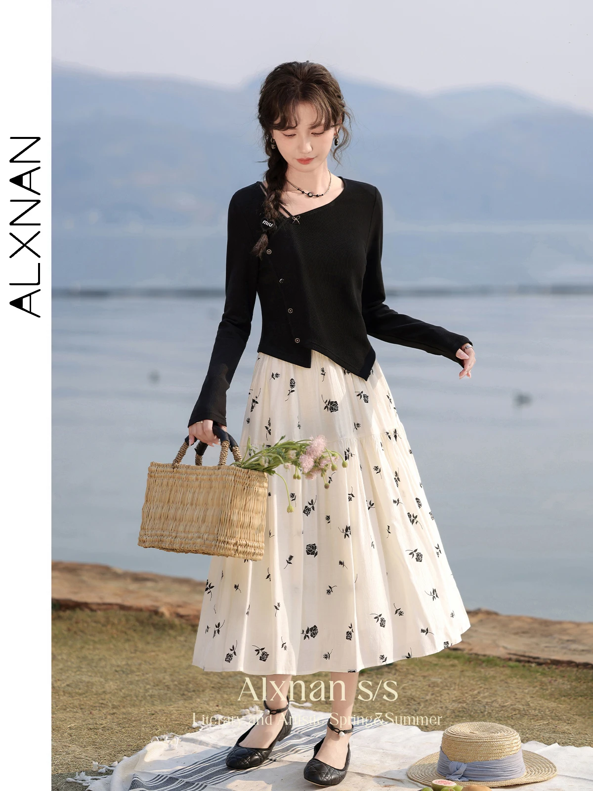 ALXNAN High Waist Floral Print Tierred Skirts for Women 2024 Female Spring Summer Elegant Sweet A Line Midi Skirt Woman L33726