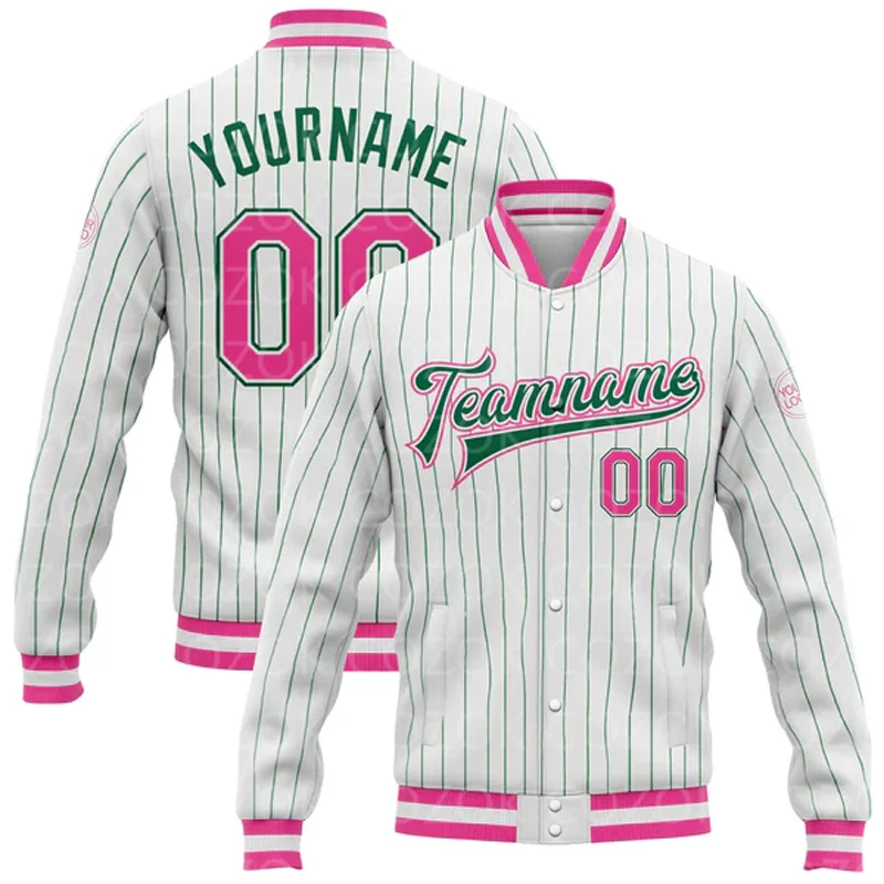 

Custom White Pink 3D Printed Vertical Line Baseball Button Jacket Bomber Full-Snap Varsity Letterman Jacket