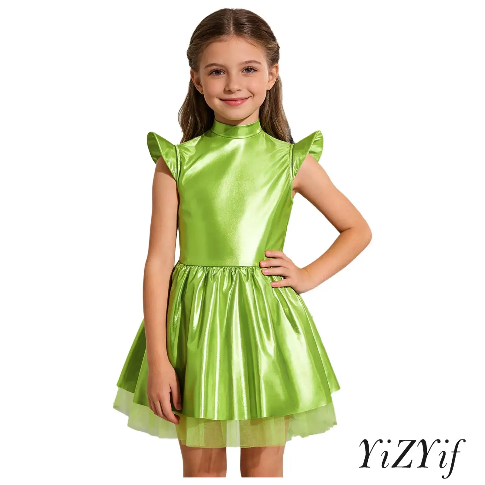 

Kids Girl Alien Dress Up Costume Iridescent Glossy Mock Neck Flying Sleeve Ruffled Tutu Dress for Carnival Christmas Theme Party