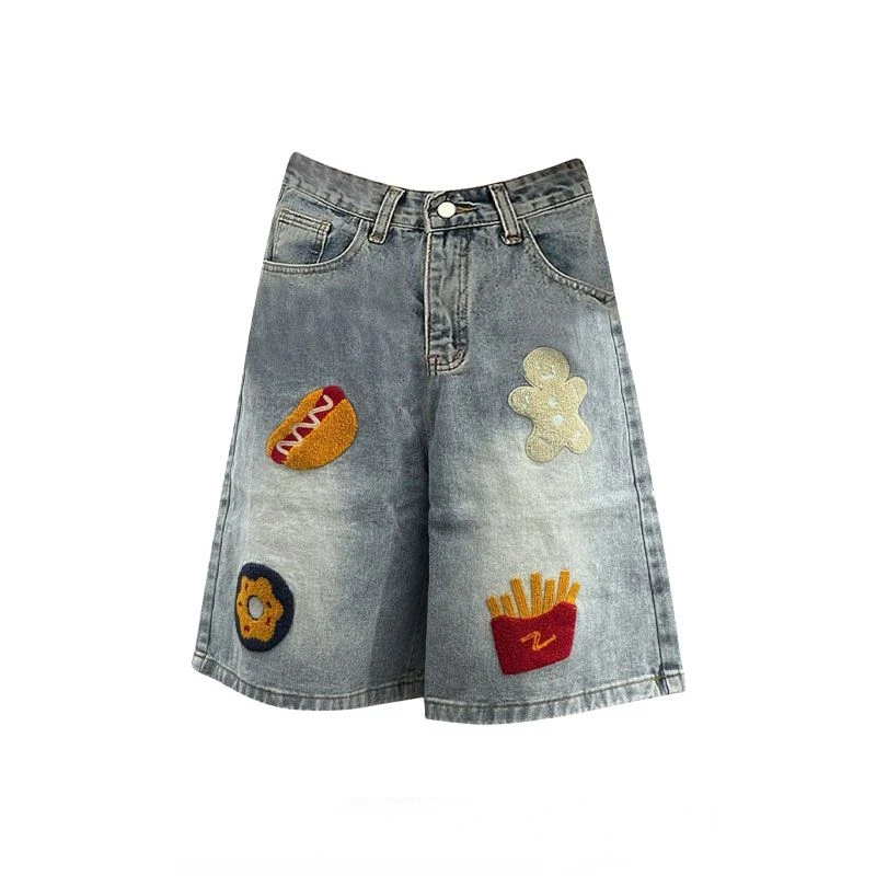 American Street Oversize Washed Denim Shorts Y2k E-Girl High Waist Loose Wide Leg Jeans 2024 New Straight Five-point Pants