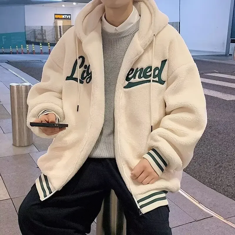 

Winter Youth Lamb Fur Sweatshirt Men's Retro Loose Cotton Jacket Trendy Warm Open Cardigan Couple Style Outerwear