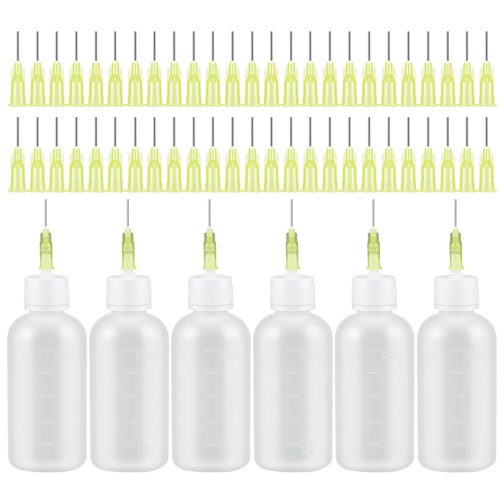 6pcs 50ml Transparent Glue Bottle Squeezable Applicator Plastic Liquid Bottle with 50pcs Dispensing Needle Suitable for Glue DIY