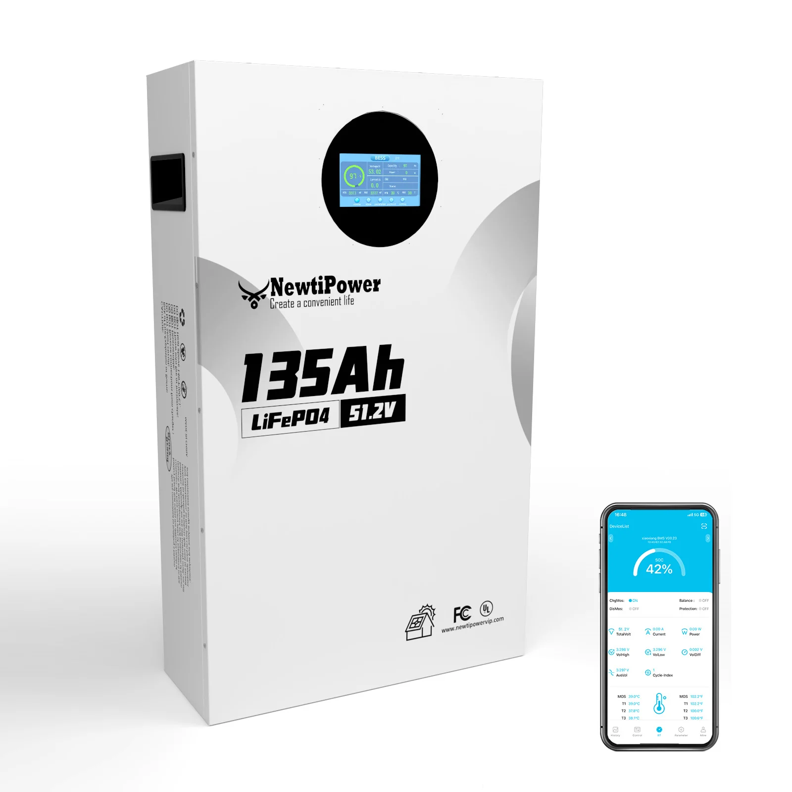 51.2V135AH wall mounted lithium iron phosphate battery, equipped with a 100AH battery management system, with a cycle life of over 10000 times, suitable for solar energy, backup power, and off grid applications