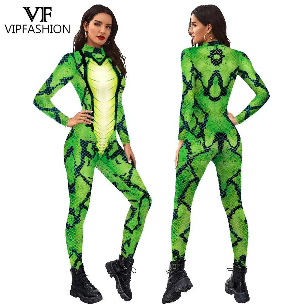 VIP FASHION Top Animal Sexy Jumpsuit Women Snake Pattern Halloween Costumes For Women Zentai Carnival Nightclub Party Cosplay