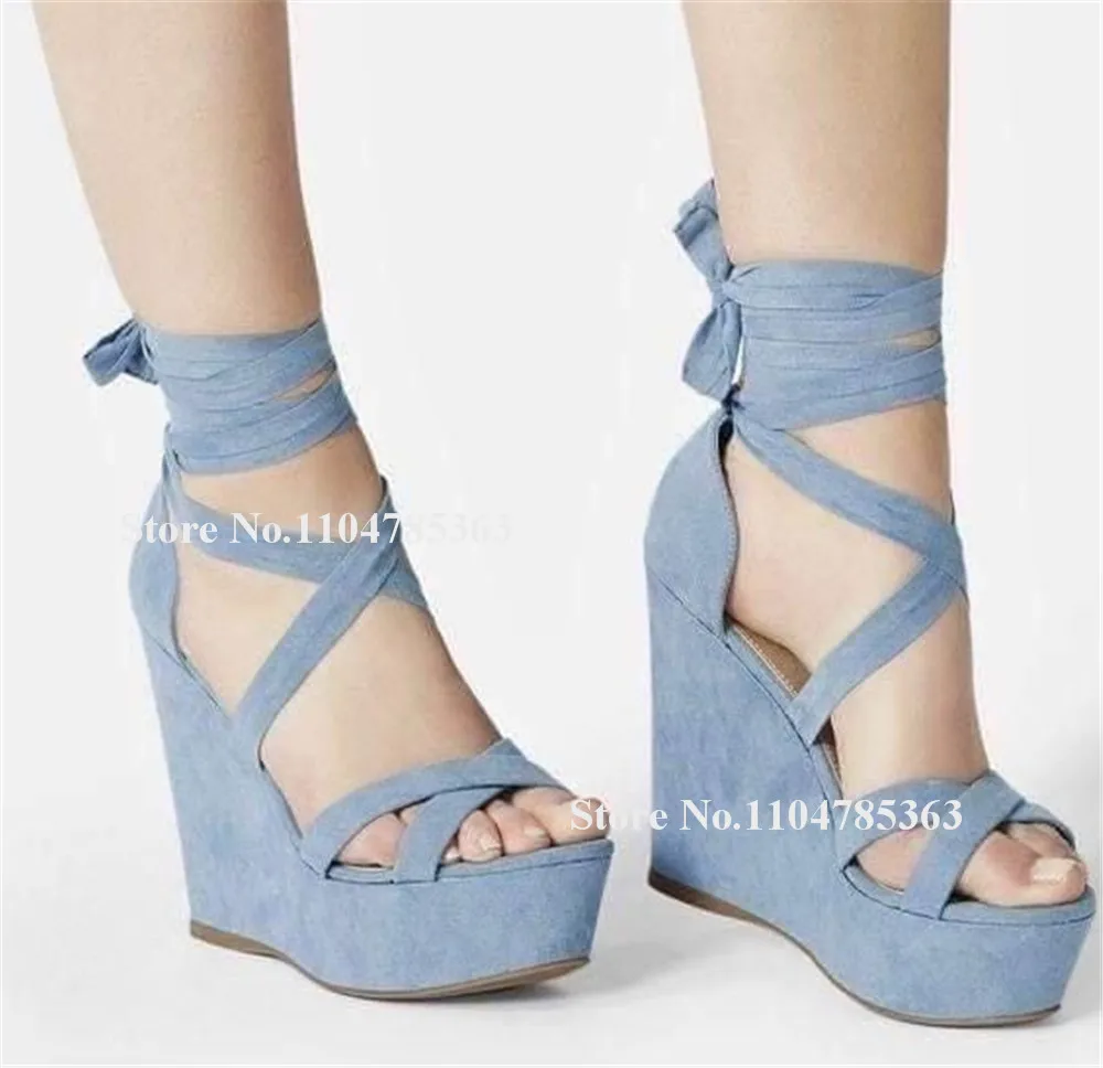 

Western Fashion Blue Suede Strappy Wedge Sandals Open Toe Lace-up Straps Cross High Platform Wedges Big Size Sandals