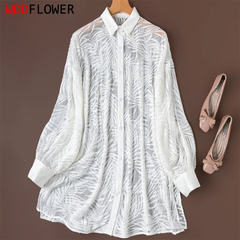 

100% Mulberry Silk Translucent White Embroidery Silk Buttons Down Women Long Sleeve Shirt Long Type Top Blouse Summer M1647