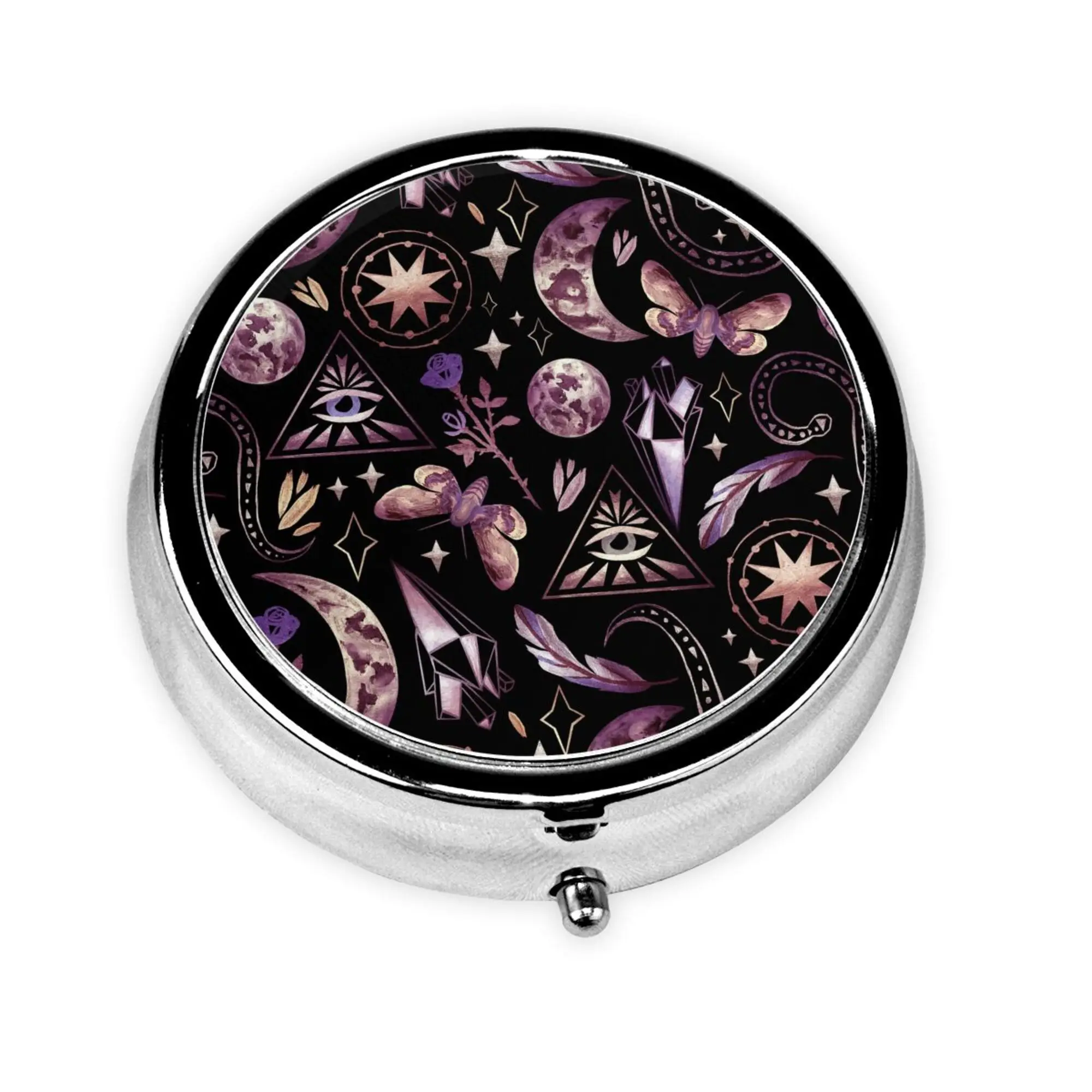 Round Pill Box Tarot Moon Butterfly Magic Goth Daily Medicine Case Organizer 3 Compartment Dispenser for Purse Vitamin Tablet