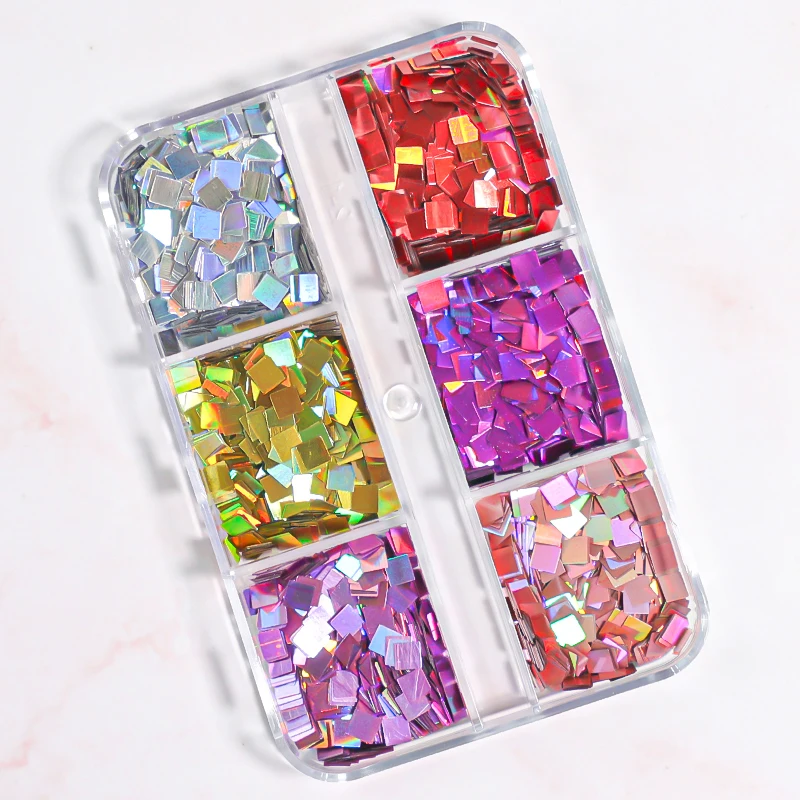 6 Grids Square Nail Art Glitter Sequins Laser Color Disc Ball Decoration Flakes Manicure Nails Supplies Professional Accessories