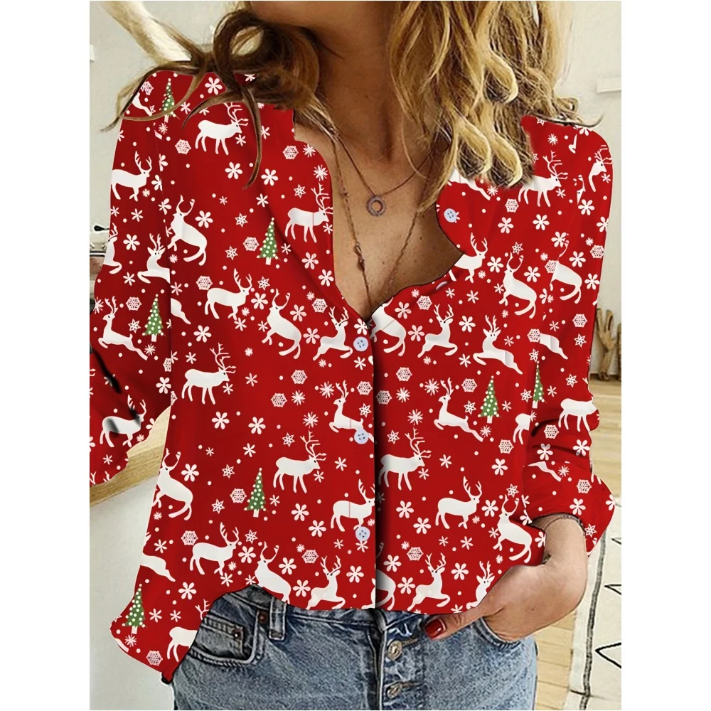 Christmas Print Women Shirts 2024 Fashion Autumn Long Sleeve Shirts High Temperament Button Front Lapel Women Blouses Top