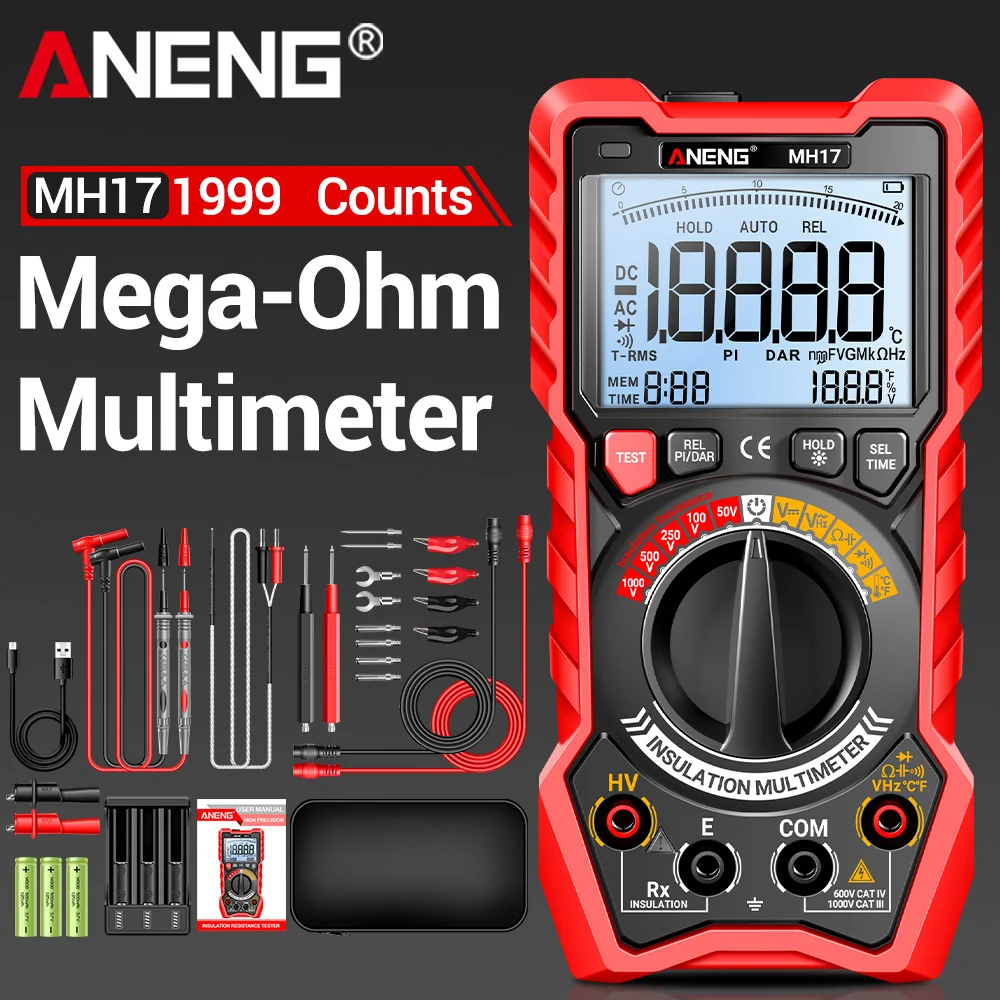 

Multimeter Megohmmeter Tester ANENG MH17 Insulation Resistance AC/DC Voltage Diode Hz 19999 Counts Digital Electrician Detector