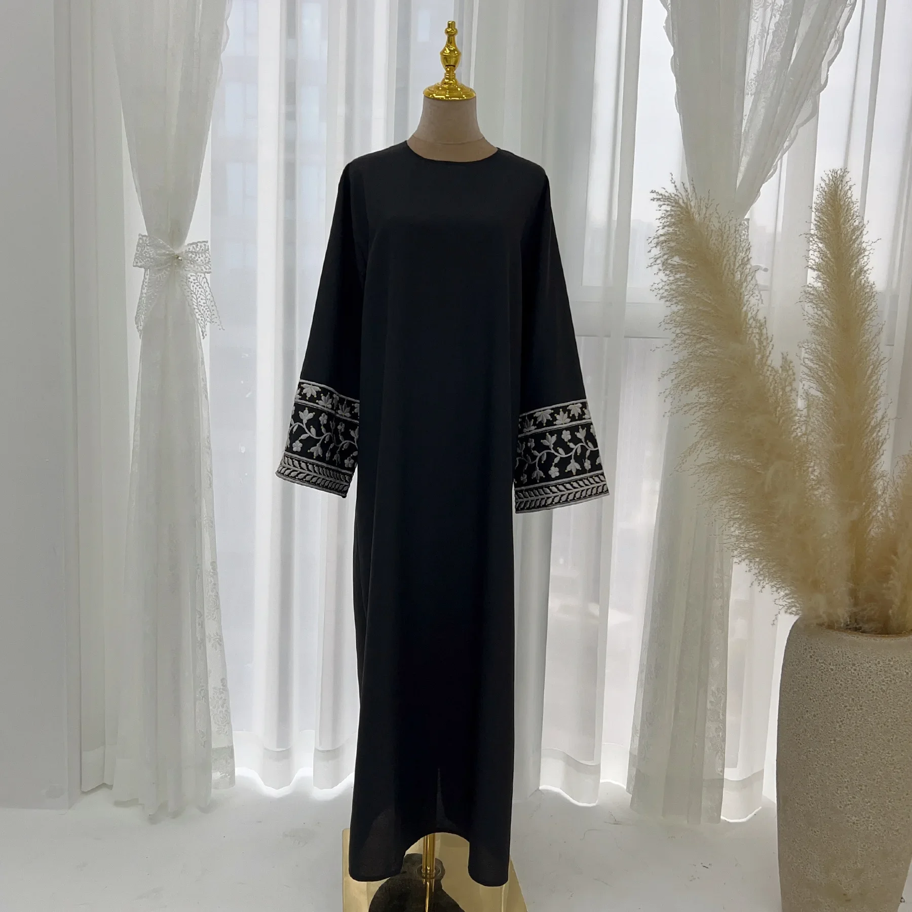 Robe musulmane Abaya fermée en lin, broderie florale, élégante, ceinturée, pour femmes, dubaï, turquie, Ramadan, Kaftan islamique, Hijab
