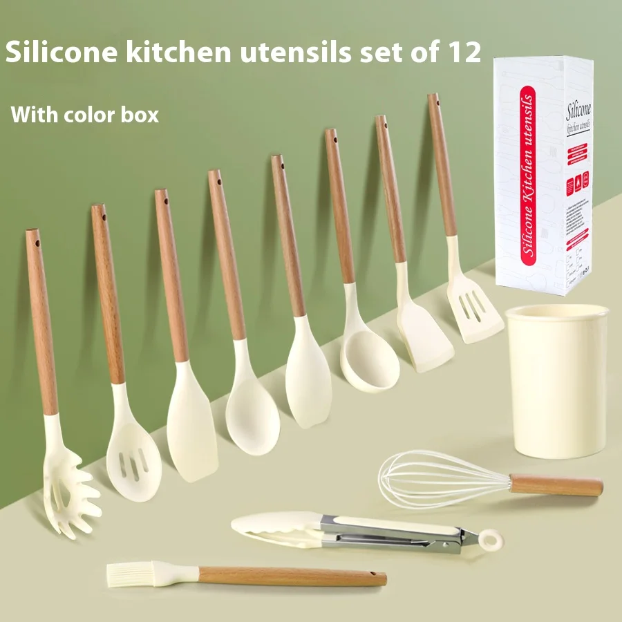 Silicone Kitchenware Set Non-Stick Wooden Handle Kitchenware White Silicone Cooking Spatula 12-piece Set