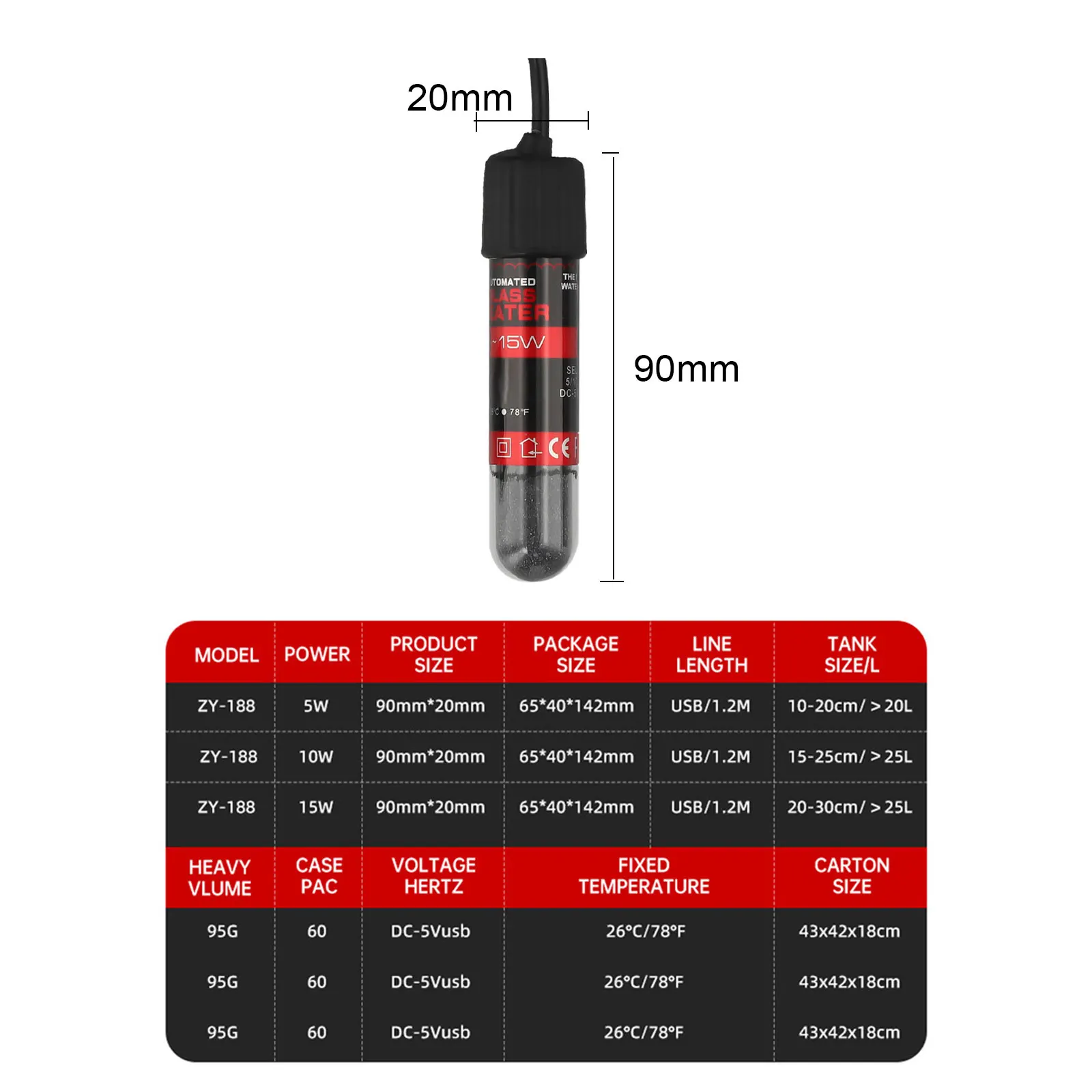 90*20mm Aquarium Heater Automatic Temperature Control Efficient Warmth Hard Glass Tube IP68 Safety Standards Optimal Heating