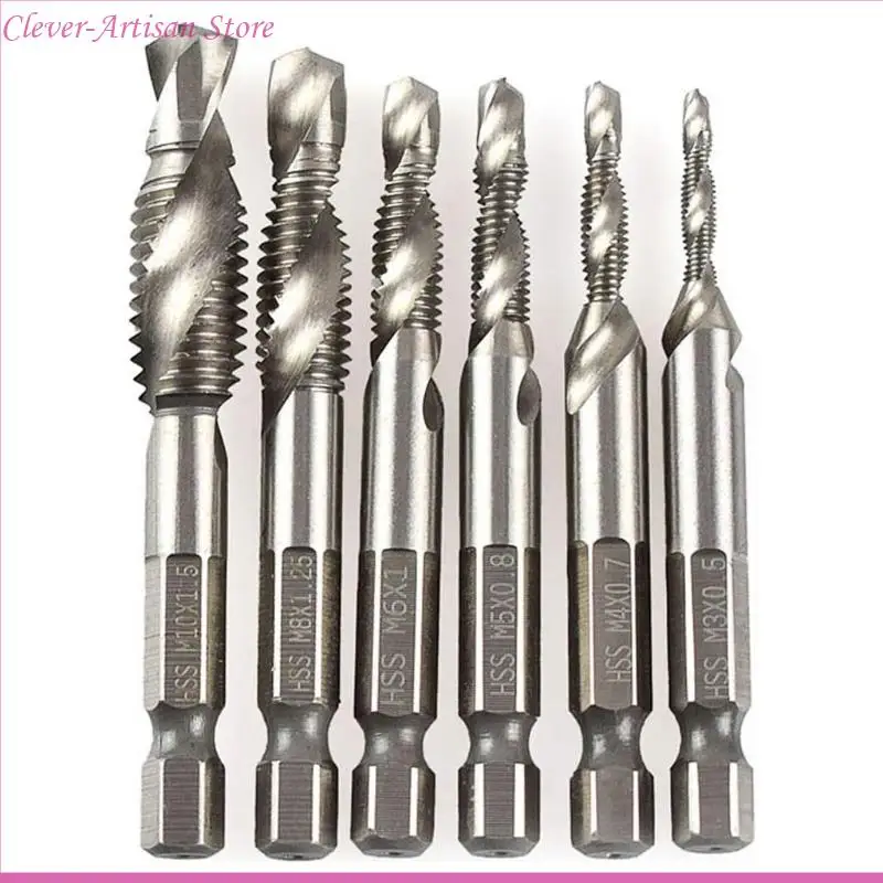 E06B 6pcs M3-M10 Tornillo tornillo Bits HSS Taps Counterink Desburr Set Metric Combination Bit 1/4 pulgadas Cambio rápido