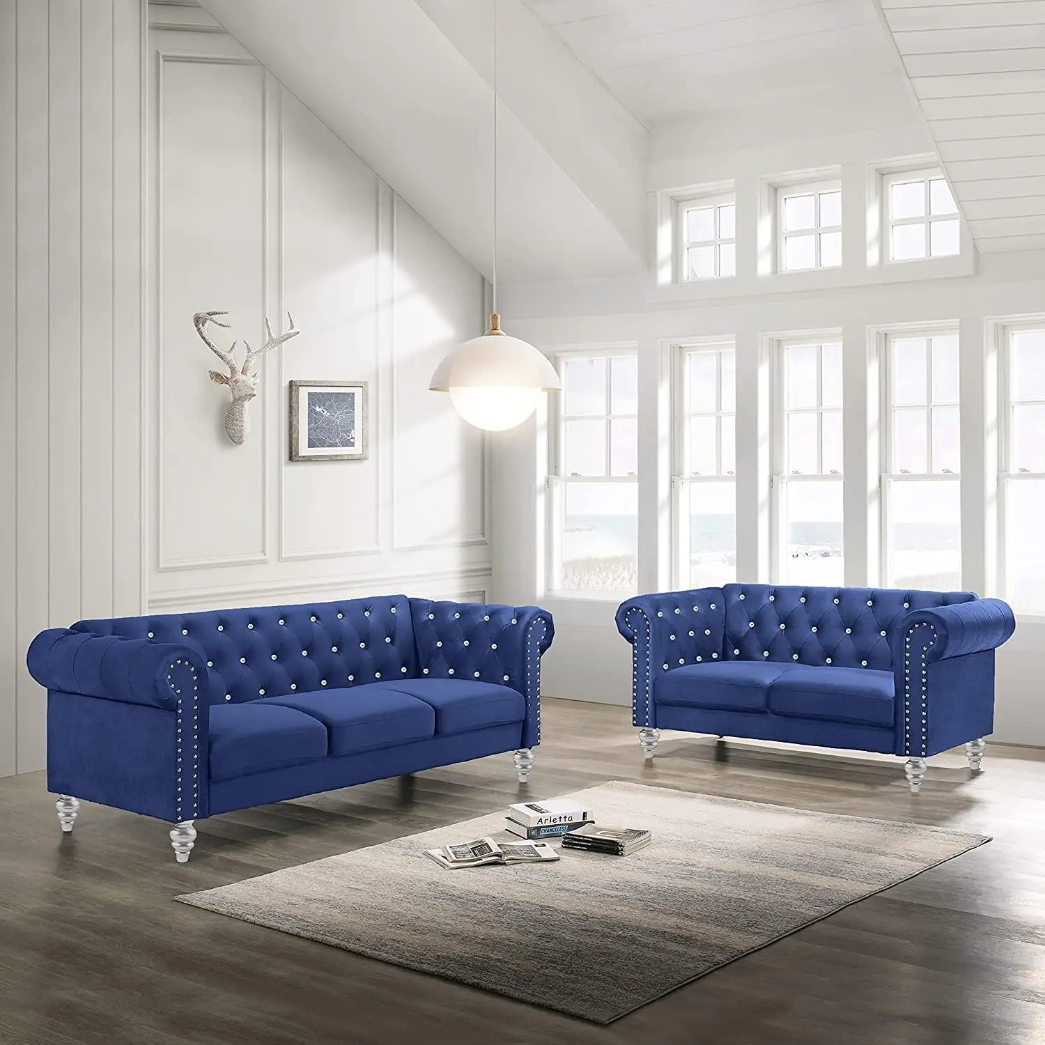 Emma Crystal Sofa and Loveseat Living Room Set, Royal Blue