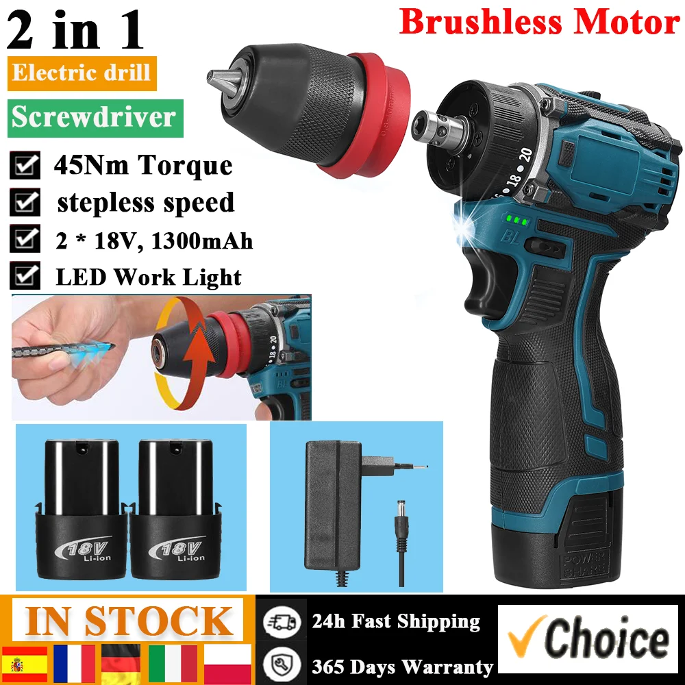 18V 2in1 Lithium Drill Electric Screwdriver Power Tool 45Nm Torque Brushless Motor Practical Screw Driver for Home Furniture