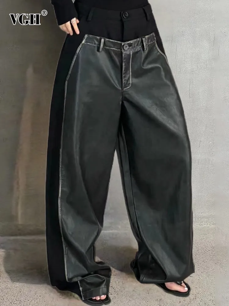 VGH hit color vintage leather wide leg pants for women high waist patchwork pocket loose minimalist full length trousers female