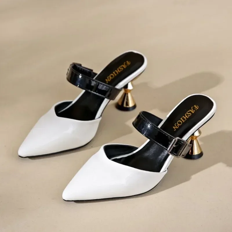 

Size 35-42 Women Kitten Heels Mules Golden Rivet Pointed Toe Summer Sandals Fashion Beige Ladies Casual Med Heels Shoes Luxury