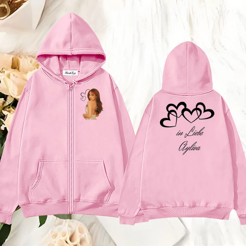 

Ayliva in Love Girl Printing Women Zipper Hoodie Polyester Pocket Loose Thin Spring Autumn Sports Leisure Lady Sweater