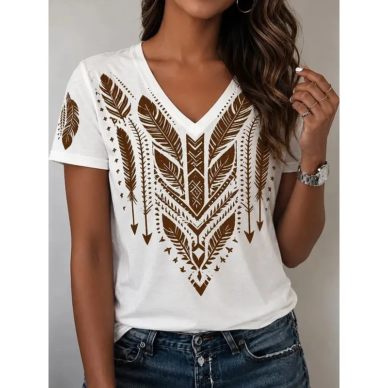 Women's V-neck T-shirt with 3D print, spring-summer, white base, vintage ethnic geometric arrow print