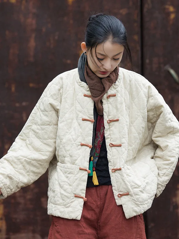 

New Chinese Sle Thiened Linen Cotton Jaet Women's Winter Retro National Sle Zen Collar Button Warm Cotton Coat Outerwear