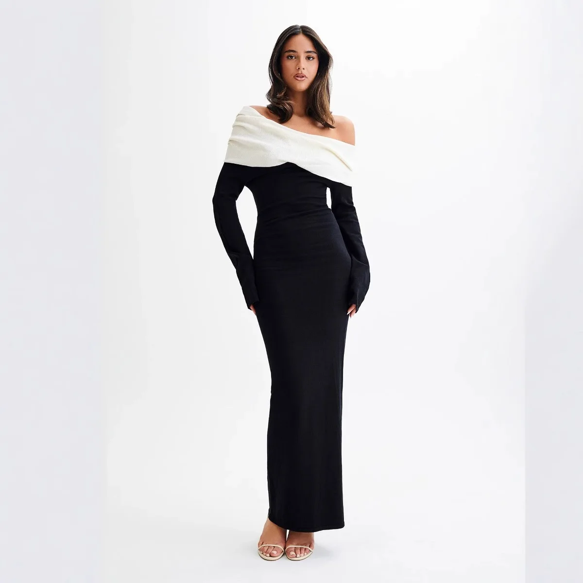 Moda francesa clássico contraste cor em camadas envoltório no peito manga longa magro quadril temperamento vestido longo