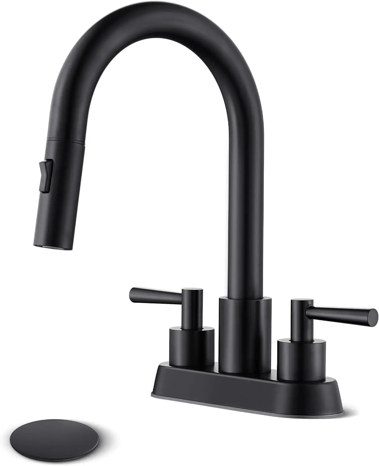 

Matte Black Bathroom Faucet with Pull-Out Sprayer, 2 Handles, 3-Hole, 4' Spout, 360° Swivel, Pop-Up Drain Included