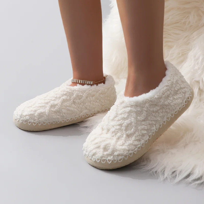 Fashionable and Simple Solid Color Autumn and Winter Plush Thick-Soled Stitched Closed-Back Women's Home Slippers Warm Floor Soc view 4
