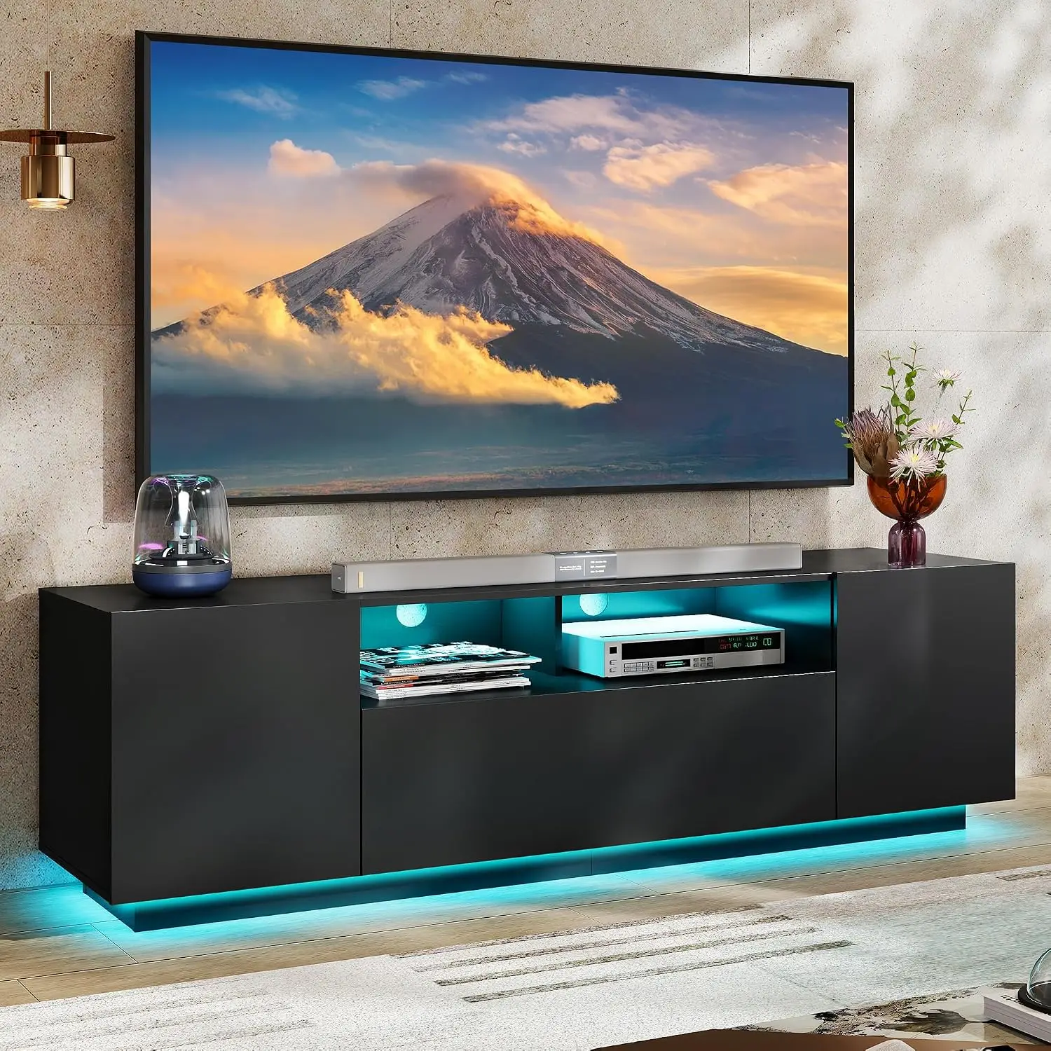LED TV Stand Entertainment Center with Storage Cabinets Drawer RGB Lights for 55/60/65 Inch TVs Living Room, Black, Customized